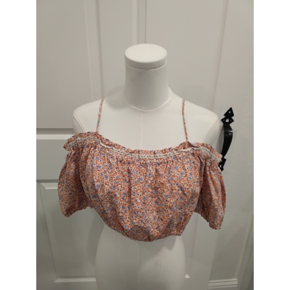 Zara Womens Orange Floral Off The Shoulder Crop Top Crochet Trim Size Medium